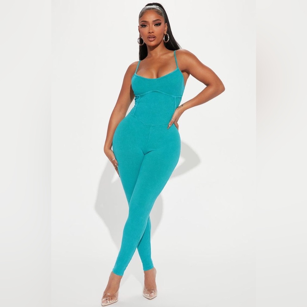Fashion Nova Codi Mineral Wash Rib Jumpsuit - Kelly Green